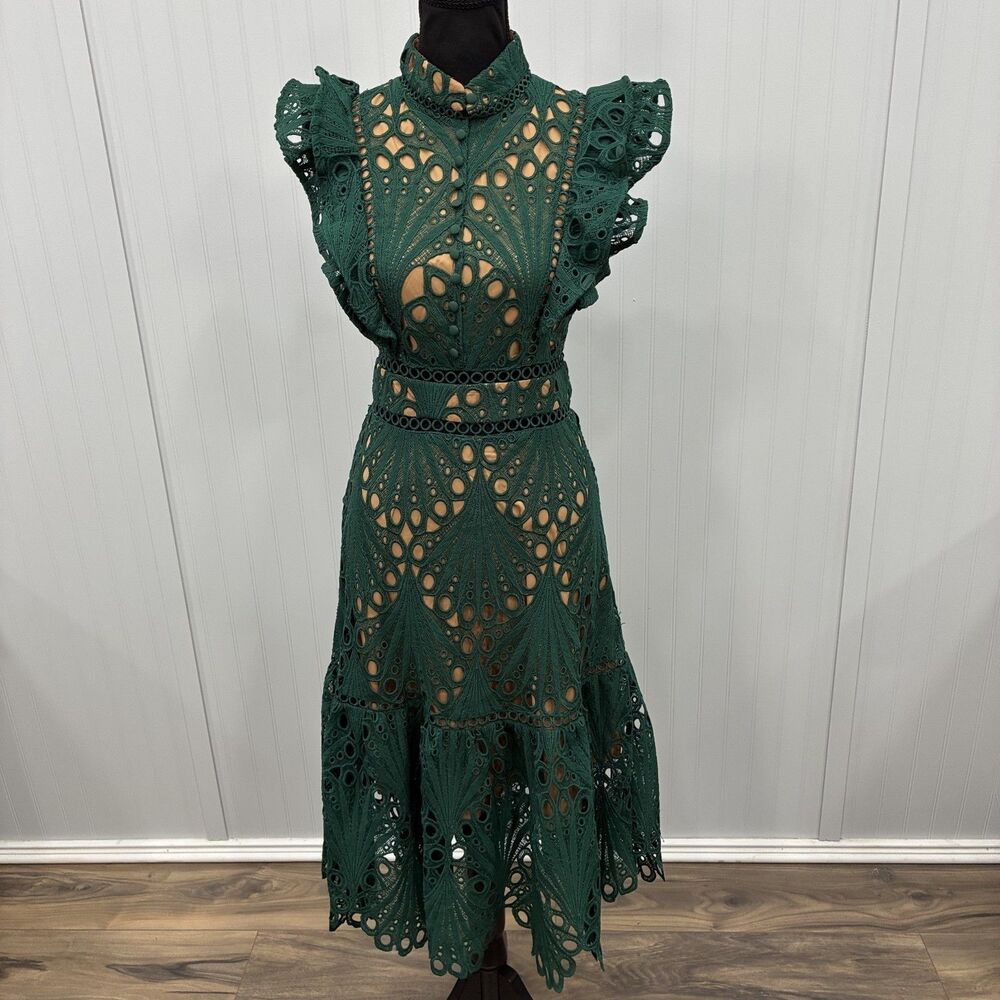 Dalia MacPhee Womens Med Dark Green Guipure Lace Cocktail Dress Modern Victorian